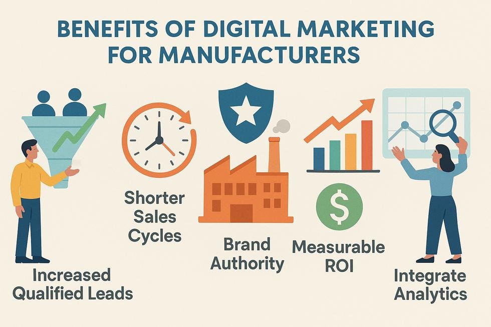 Conceptual image showing the benefits of digital marketing for manufacturers: increased qualified leads, shorter sales cycles, brand authority, measurable ROI, and integration of analytics to adapt strategies.