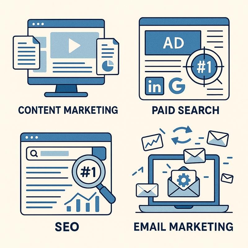 Depiction of various digital marketing strategies including content marketing (blogs, whitepapers, videos), targeted paid ads on platforms like LinkedIn and Google, SEO ranking on search engines, and email marketing automation in action.