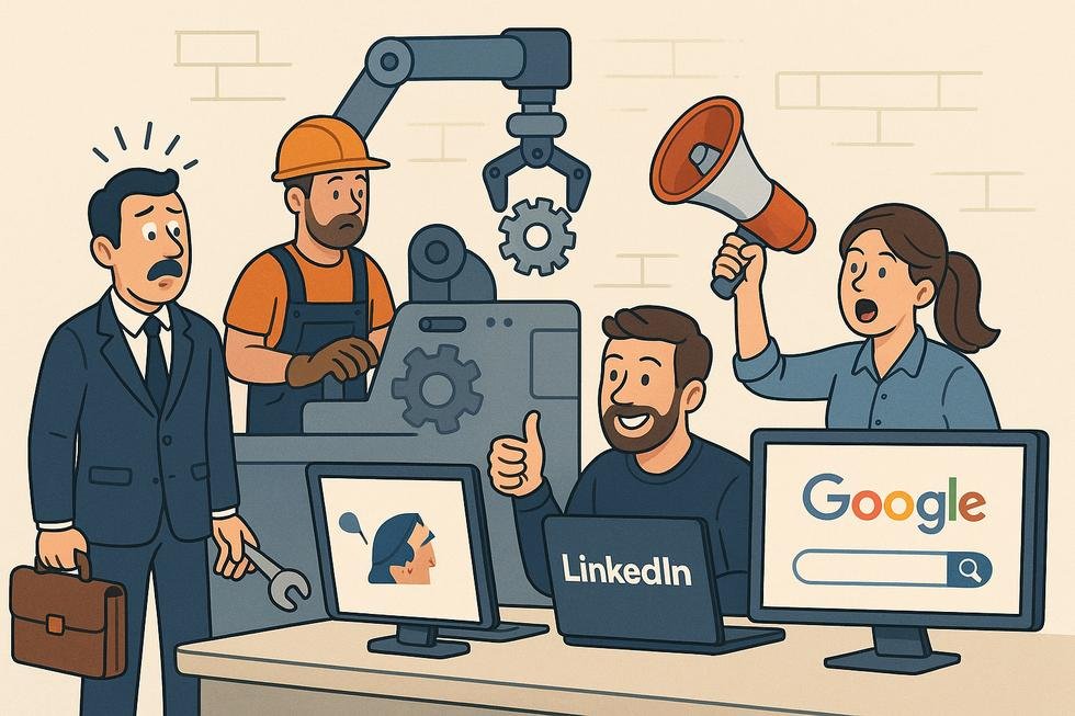 Illustration of manufacturing industry professionals engaging in digital marketing activities, highlighting the transformation from traditional sales methods to online platforms like Google searches and LinkedIn.