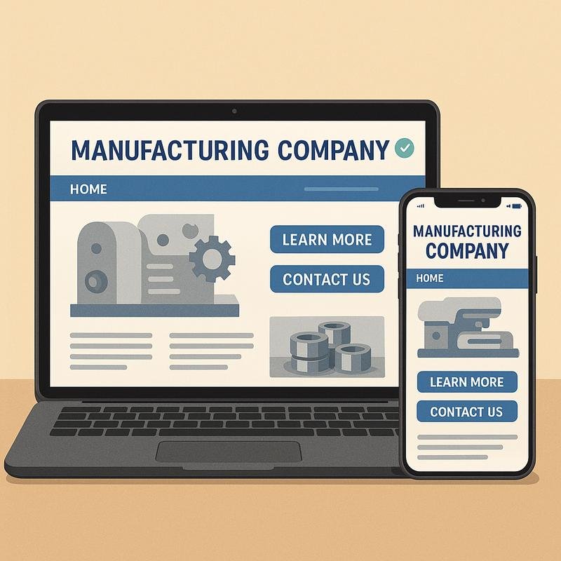Visual representation of a manufacturing company’s optimized digital presence, featuring a fast-loading, mobile-friendly website as a digital showroom with clear calls-to-action and informative content.